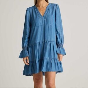 QUINCE Chambray Tencel Tiered Long Sleeve Mini Dress in Denim (XS)